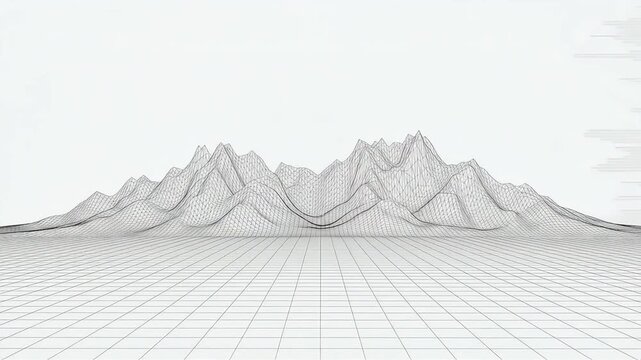 Abstract 3D wireframe mountain range landscape with a digital grid floor.