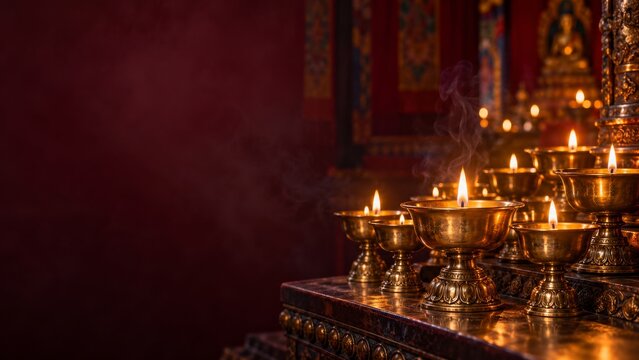 Glowing brass butter lamps and delicate smoke in a dark temple interior