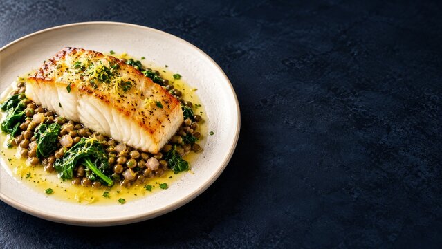 Roasted Halibut with Lentils and Wilted Greens on a Dark Navy Table