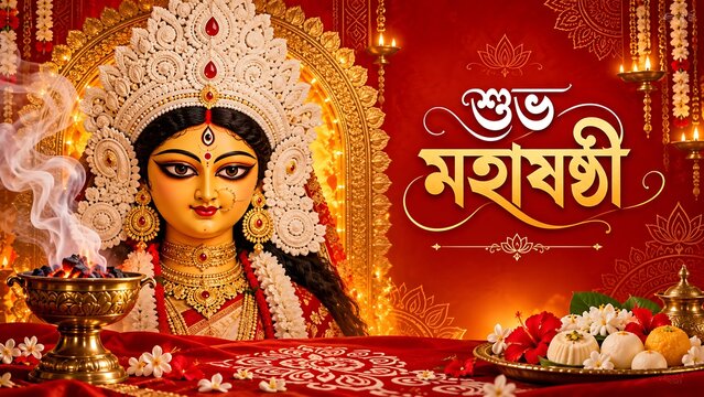Goddess durga idol with dhoop incense and sweets for maha shashthi greeting