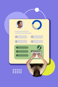 Job applicant typing beneath oversized digital form on purple background in overhead view. Online applications, resume builders, career platforms concept.