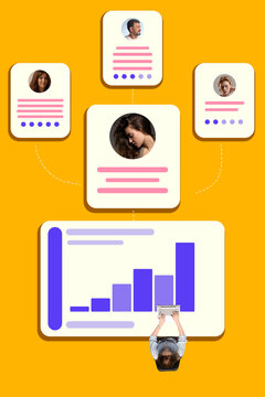 Hiring analyst using tablet beneath rising bar chart and candidate cards on orange background viewed from above. HR analytics, workforce planning, recruitment software concept.