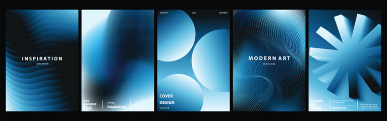 Obraz na płótnie Canvas Blue Black Gradient Poster Collection Vector with Flowing Waves, Circular Forms and Futuristic Geometric Elements for Modern Wall Art, Editorial Cover, Technology Branding, Creative Print Design