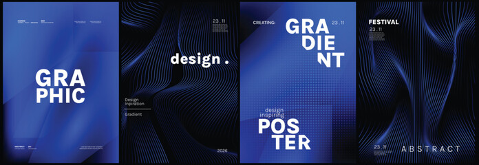Naklejka na ściany i meble Modern Blue Gradient Poster Collection Vector with Abstract Waves, Grid Texture and Bold Typography Layout for Creative Branding, Editorial Cover, Festival Promotion, Wall Art, Graphic Print Design