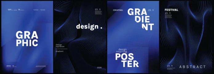 Modern Blue Gradient Poster Collection Vector with Abstract Waves, Grid Texture and Bold Typography Layout for Creative Branding, Editorial Cover, Festival Promotion, Wall Art, Graphic Print Design © TWINS DESIGN STUDIO