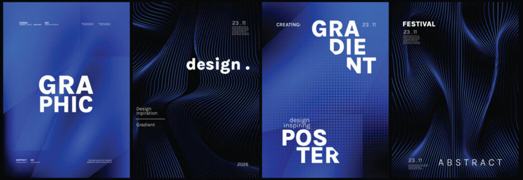 Modern Blue Gradient Poster Collection Vector with Abstract Waves, Grid Texture and Bold Typography Layout for Creative Branding, Editorial Cover, Festival Promotion, Wall Art, Graphic Print Design