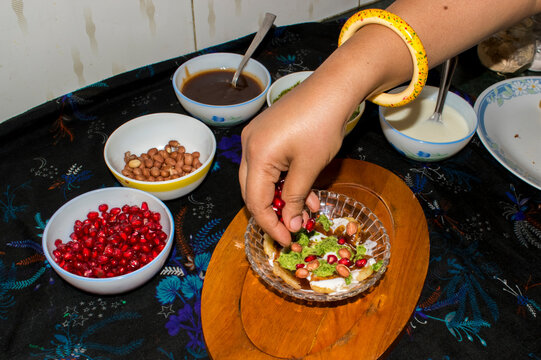 putting pomegranate, step of making raw banana chaat, Navratri vrat or indian fast food