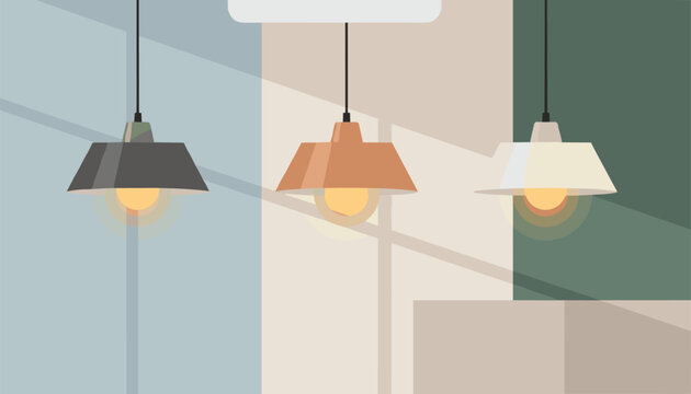 Three stylish pendant ceiling lamps in black copper and white glowing with warm cozy light in a modern room.