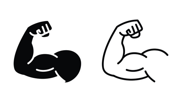 Biceps muscle arm flexing power vector icon set bundle representing strong bodybuilder fitness, gym workout strength, athletic bodybuilding training, health stamina force, and strongman fist in outlin