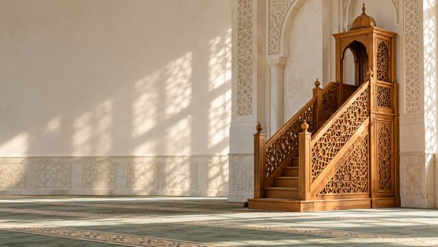 Carved oak minbar with geometric lattice beside a sunlit cream wall