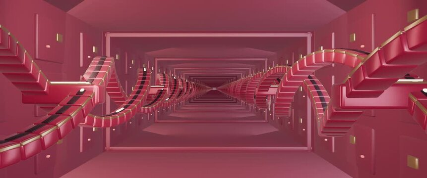 Warm packet trains travel through a braided crimson and champagne data bus canyon