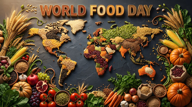 World food day background featuring world map made of various grains and food