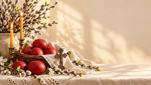 Red Easter Eggs with Willow Branches and Candles on Cream Lace