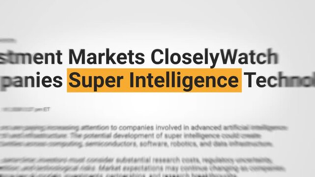 Super intelligence highlighted text in headline. Artificial super intelligence, machine learning, future technology, ai innovation, tech news. 4k video footage