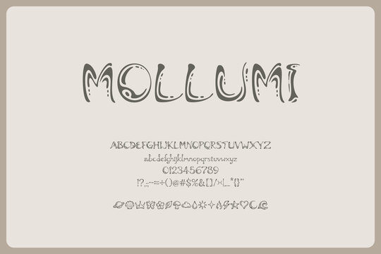 The Mollumi font showcases flowing organic outline lettering with soft biomorphic abstract forms.