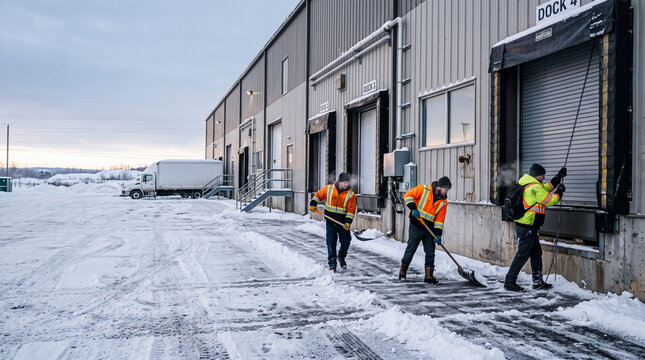 Warehouse workers in snowy winter conditions