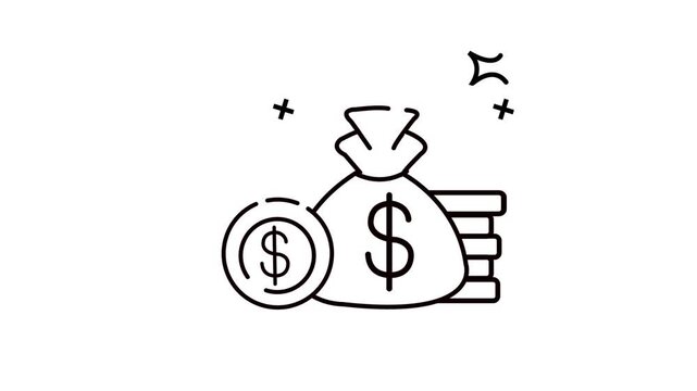 outline animation icon A bag containing coins and a stack of banknotes.4k video animation