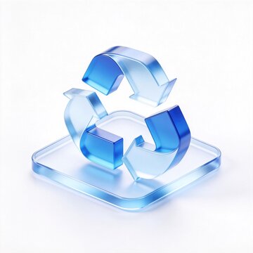 Transparent blue recycling arrows floating above glass platform on white background, idea for sustainable development, waste reduction, reuse and circular economy