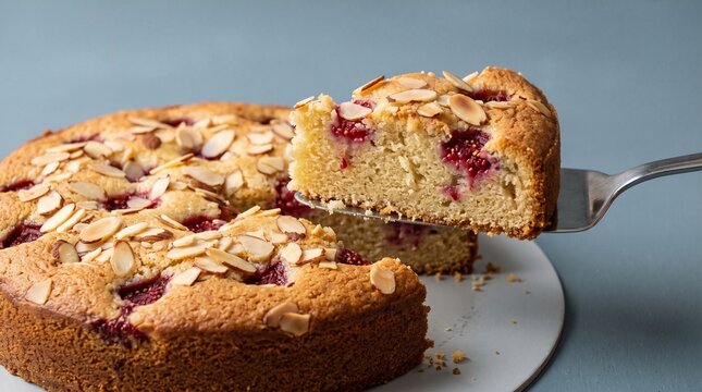 Raspberry almond cake slice is lifted gently with a silver server tool.