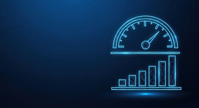 Digital speedometer and bar graph indicating performance and growth against a dark blue gradient background
