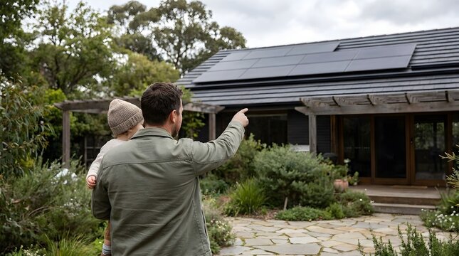 Father holding his young child and pointing at solar panels installed on their house roof