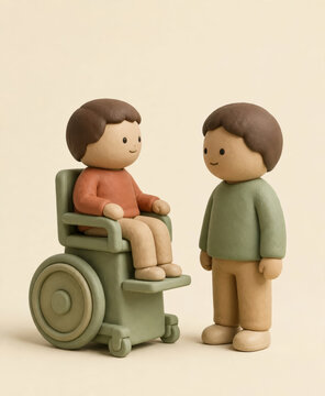 Clay man in a wheelchair and a standing man in a green sweater looking at each other and smiling, friendship, equality, inclusion and disability awareness concept
