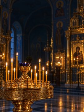 Golden Candle Stand with a Blue Glass Lamp in a Shadowed Church