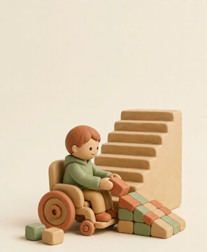 Clay boy in a wheelchair in a green hoodie building a ramp from colorful blocks next to a tall staircase, overcoming obstacles, accessibility and inclusion concept