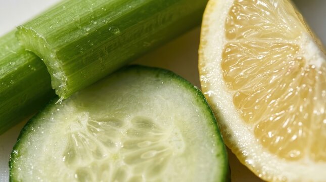 fresh celery cucumber and lemon slices on white background