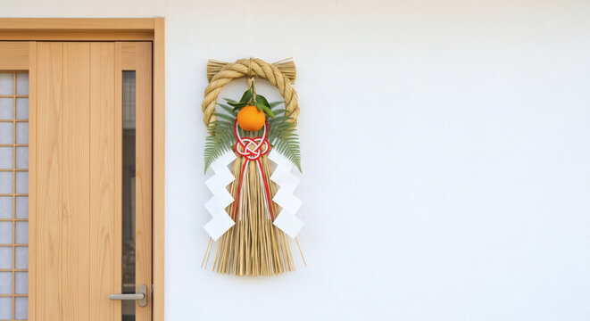 Japanese New Year shimekazari straw decoration with daidai orange and shide on a white wall by the front door