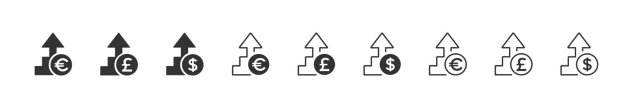 Cost increase icons. Euro, Dollars, Pound, Yen, Pound and Rupee price increase icon. Value of money increase signs collection