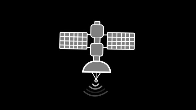 Satellite body with solar panels and dish emitting signal waves animation