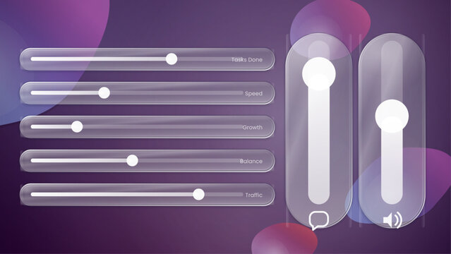 Purple glassmorphism slider ui kit in frosted glass. Stylish abstract design for mobile app and app design.