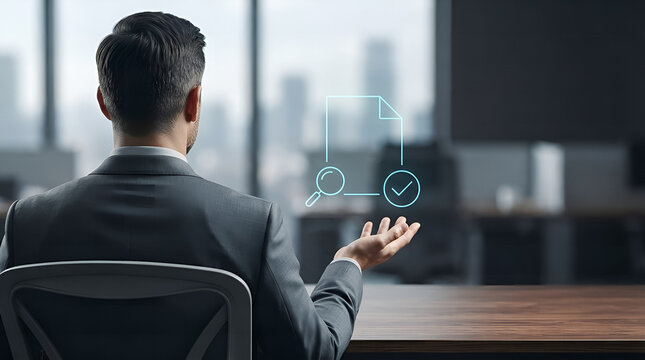 Businessman analyzing holographic document interface with checkmark in modern corporate office