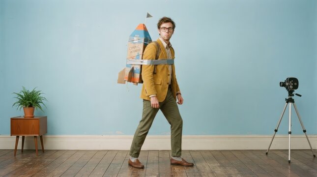 man with cardboard rocket backpack in creative setting
