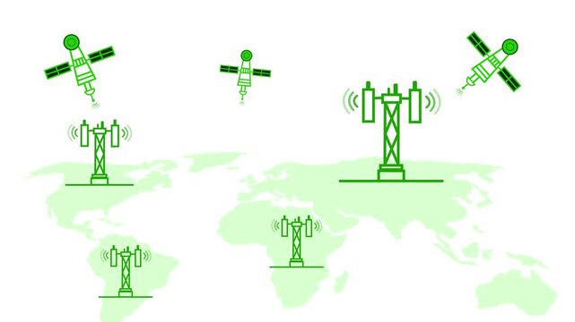 Stylized world map continents showing cell towers and satellites communicating animation
