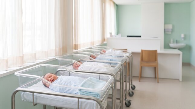 Nouveau-n&eacute;s endormis dans des berceaux transparents dans la pouponni&egrave;re d'une maternit&eacute; lumineuse, concept de natalit&eacute; et de d&eacute;mographie