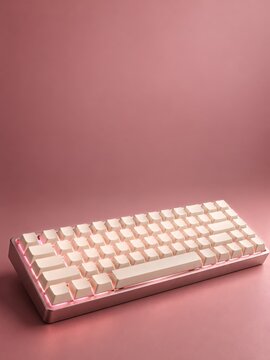 Cream Keyboard with Rose Case and Pink Glow on a Dusty Rose Desk