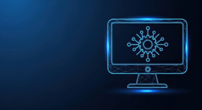 Computer screen displaying a digital virus icon with glowing blue wireframe technology on a dark background