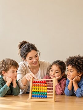 Teacher showing colorful abacus beads to curious primary school children