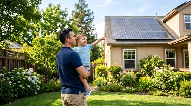 Father holding his young son pointing at solar panels on the roof of their family home in a sunny garden
