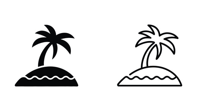 Tropical island palm tree beach vector icon set bundle representing summer vacation resort, ocean paradise travel, exotic sea shore holiday, deserted island oasis, and tourism relaxation in outline an