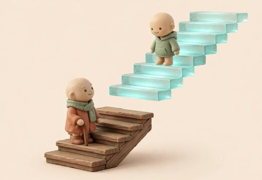 Clay elderly figure with a cane standing on old wooden stairs looking up at a child in a hoodie on glowing glass steps, generations, life stages and future concept