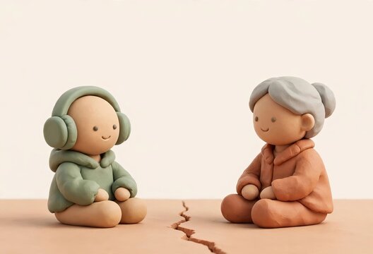 Clay child with headphones and an older woman with a gray bun sitting apart with a crack in the ground between them, generation gap and emotional distance concept with copy space