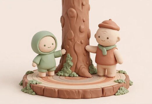 Clay child in a green hood and an elderly figure in a beret touching a large tree trunk together on a tree ring base, generations, nature, roots and family connection concept