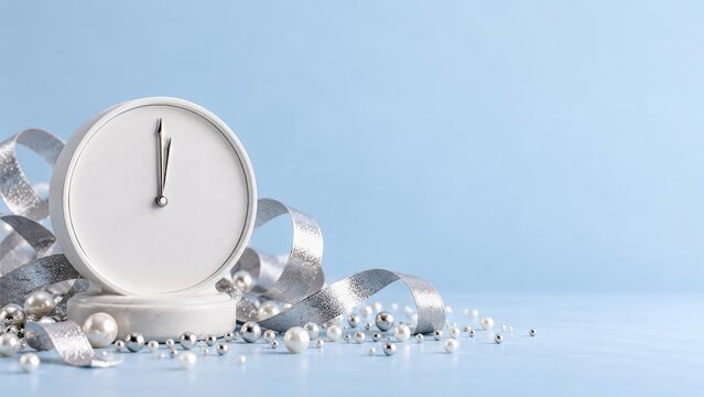 Blank white clock near midnight with silver ribbons on a marble base