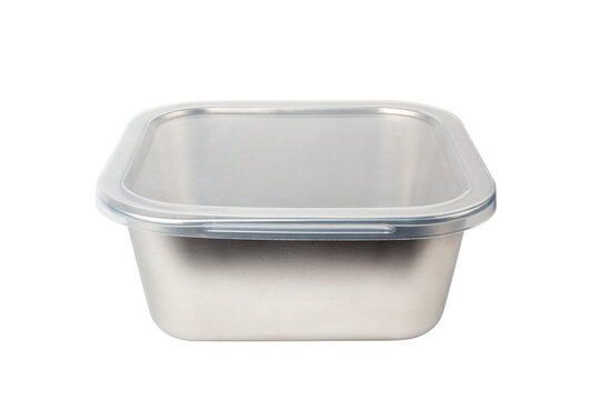 Stainless steel food container with clear plastic lid isolated on white background