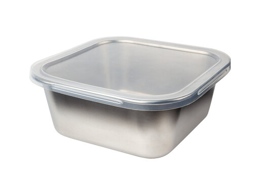 Stainless steel food container with clear plastic lid isolated on white background