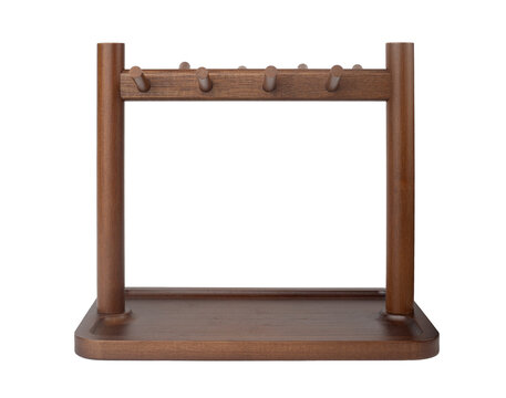 Wooden key holder rack with hooks and tray isolated on white background