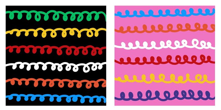 Set of Hand drawn colorful seamless pattern of squiggles lines on pink and black background 
